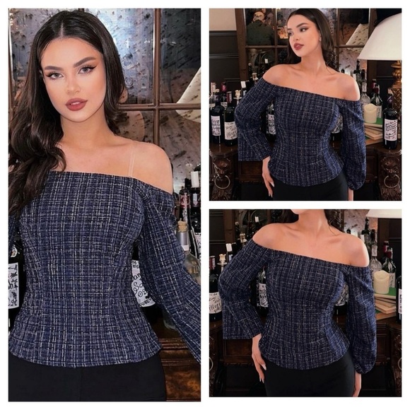 NWT ZARA Tweed Textured Off Shoulder Top Flare Long Sleeves size S - Picture 4 of 11